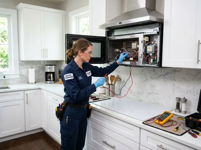 Appliance Repair Hero technician testing an over-the-range microwave in a Bucyrus, OH kitchen